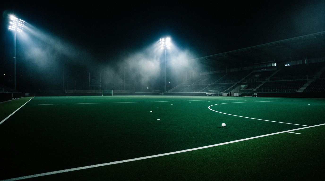 Floodlit field hockey pitch at night with a ball resting on the turf