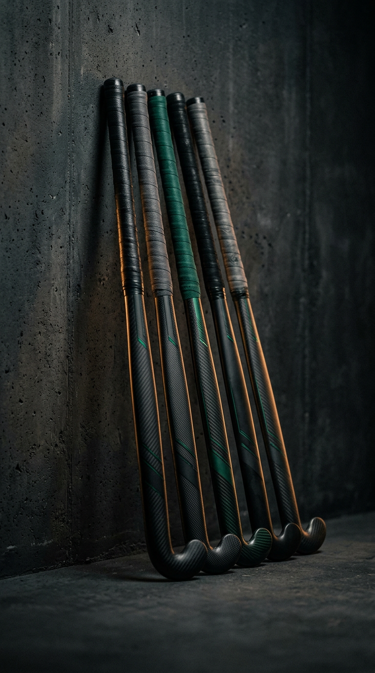 Carbon hockey sticks leaning against a dark concrete wall